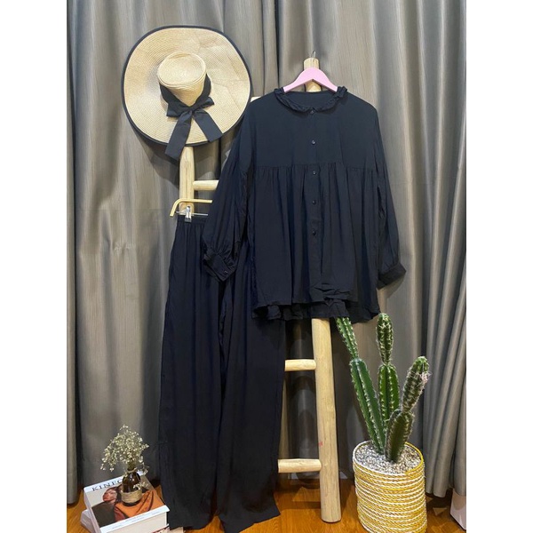 BEST SELLER | BISA COD | Daily set pejamas panjang premium busui - piyama lengan panjg rayon premium-Arabella hitam