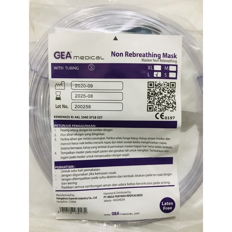 Masker Oxygen Non Rebreathing Dewasa GEA / NRM Gea Dewasa