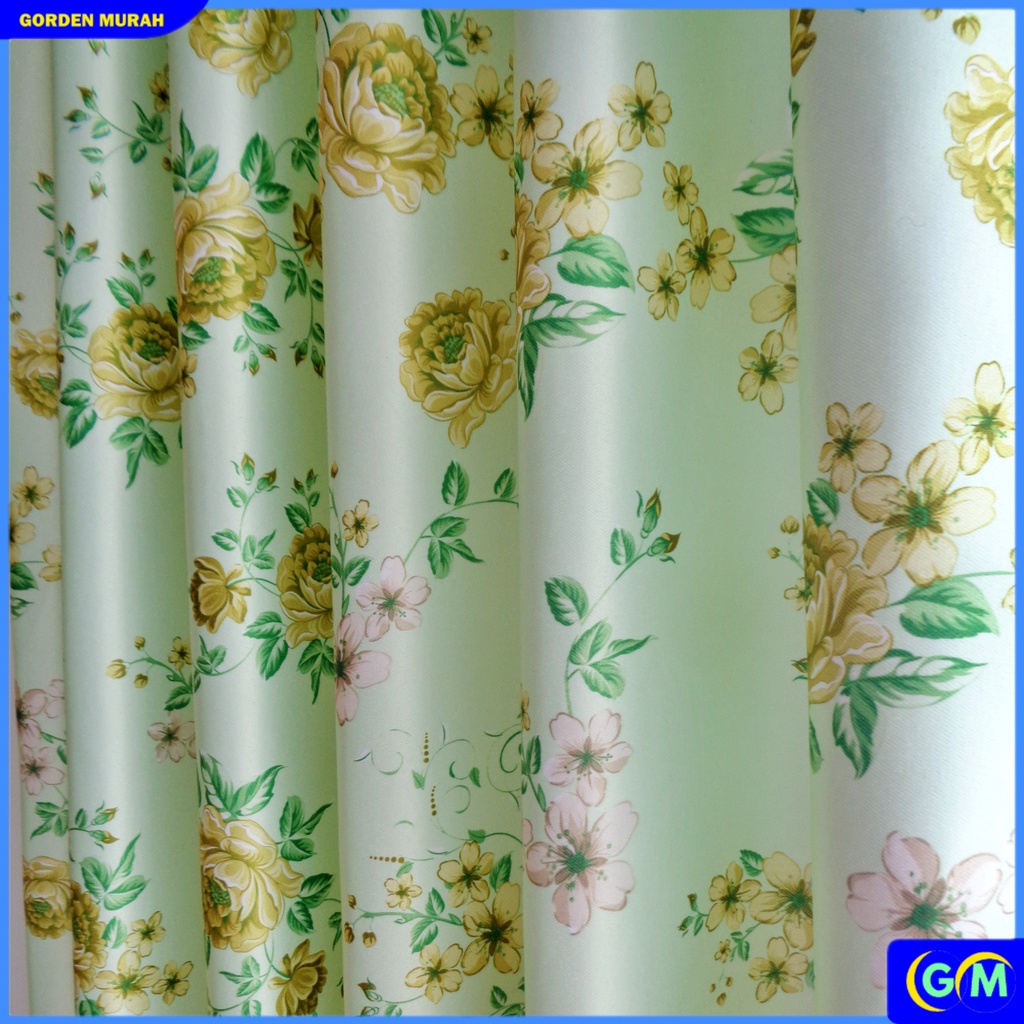 Gorden pintu jendela blackout import motif bunga shaby Smokring 12 ring 6 lipatan-Vanda hijau