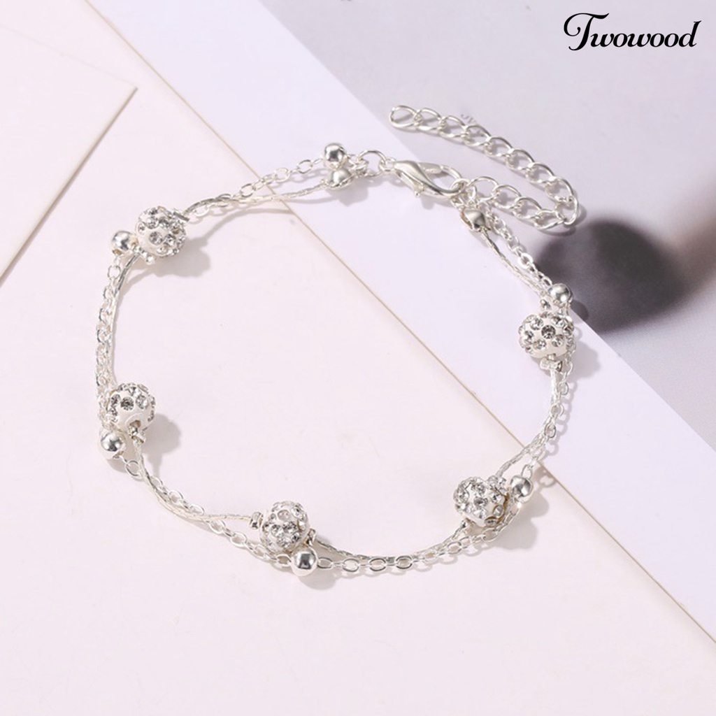 Gelang Kaki Rantai Manik-Manik Berlian Imitasi Double Layer Adjustable Bahan Alloy Untuk Wanita