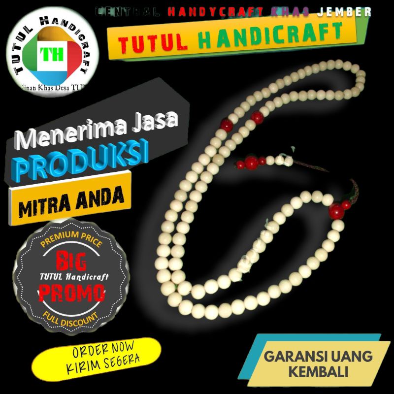 Tasbih TULANG SAPI PUTIH kombinasi BATU marjan RED CORAL 99 + 7 mm