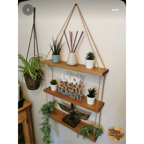 rak hiasan gantung kayu tali