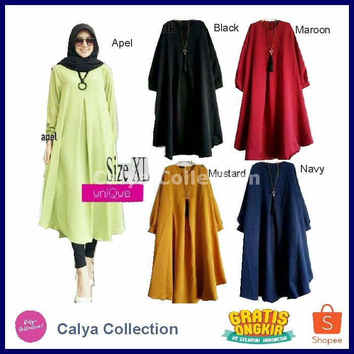 PROMO    Baju Tunik Jumbo Wanita Lena Long Tunik Atasan Muslim Fit XL Bahan Katun Paris Terbaru