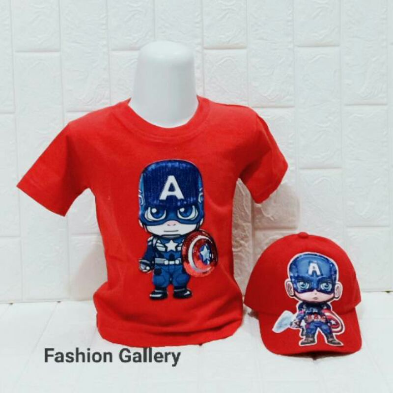 COD paket 2in1 baju kaos anak LED bisa nyala dan topi anak LED bisa nyala motif avenger kaos oblong anak