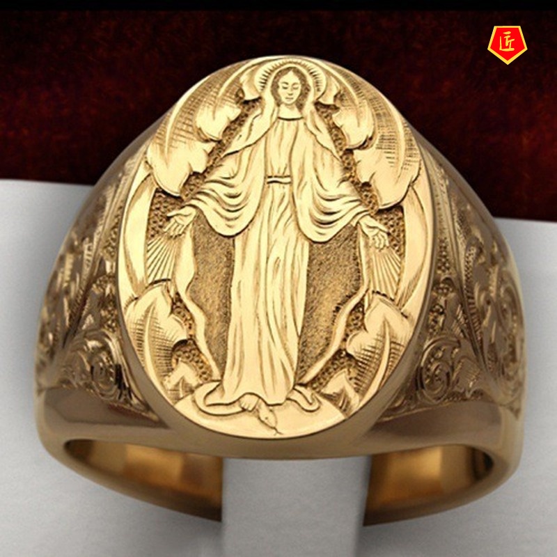 [Ready Stock]Elegant Neutral 18K Gold Virgin Mary Badge Ring