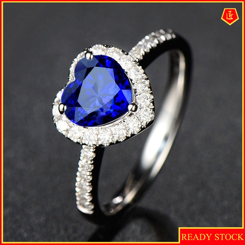 [Ready Stock]Heart-Shaped Sapphire Ring for Women Simple and Elegant