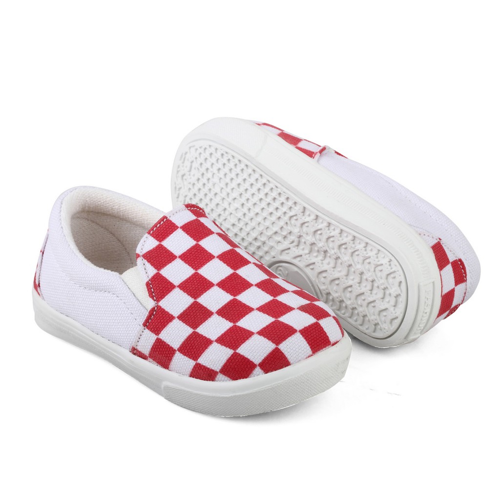 sepatu anak slip on usia 1 2 tahun motif kotak catur VN1 MERAH