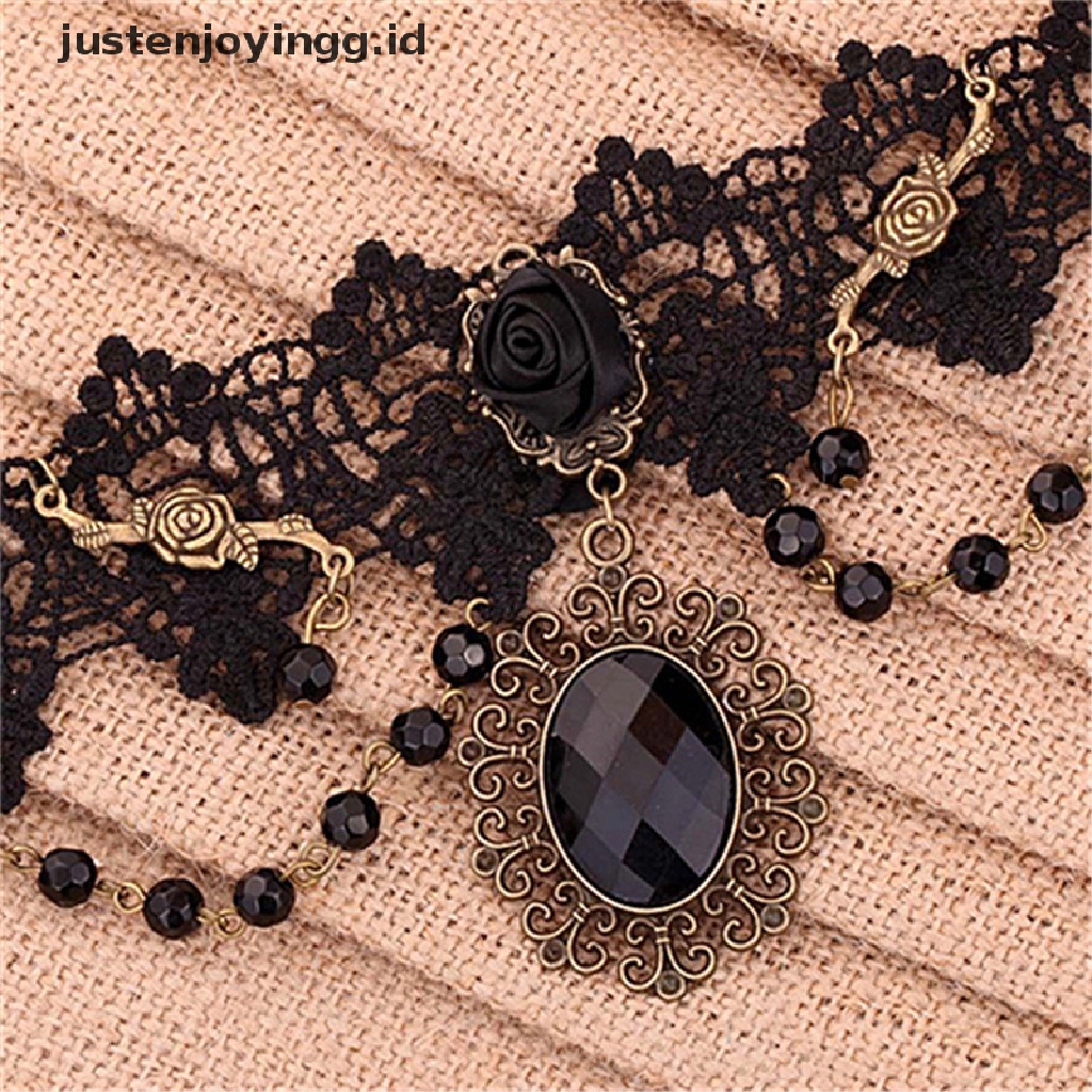 Kalung Choker Rantai Manik-Manik Renda Bunga Mawar Hitam Gaya Gothic Lolita