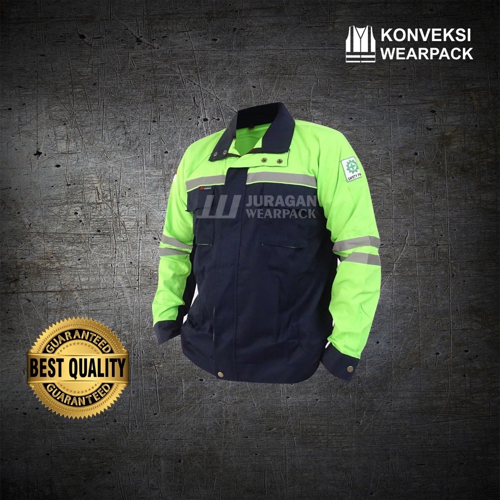 Jaket Safety Warna Hijau Stabilo Kombinasi Biru Navy