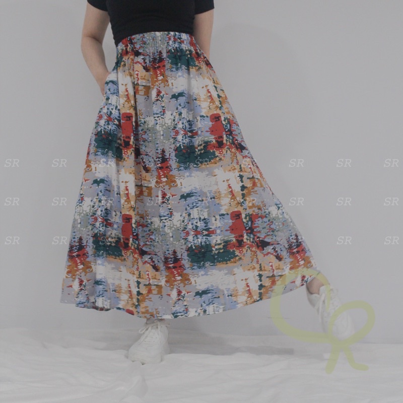 Rok Wanita Panjang Korean A Line Maxi Motif Floral Cantik Premium Ringan Dingin-No.04
