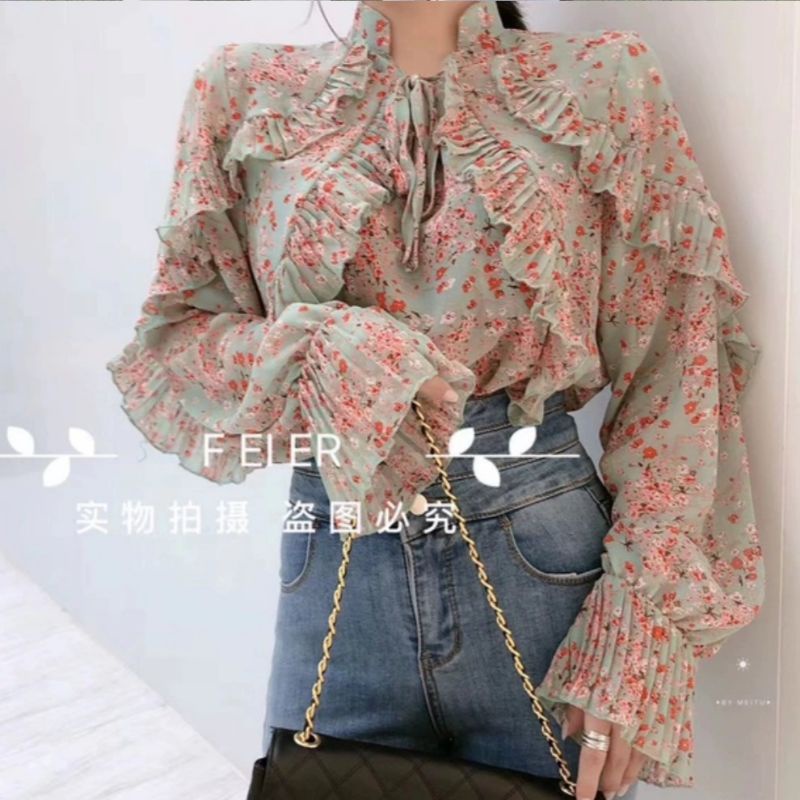 8680 Baju atasan blouse layered ruffle layer lengan panjang Baloon Puff Sleeve top Korean style wani