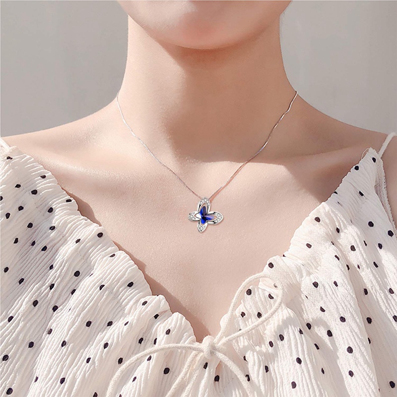 Butterfly Kalung Rantai Sterling Silver Dengan Liontin Kupu-Kupu Aksen Kristal Austria Untuk Wanita