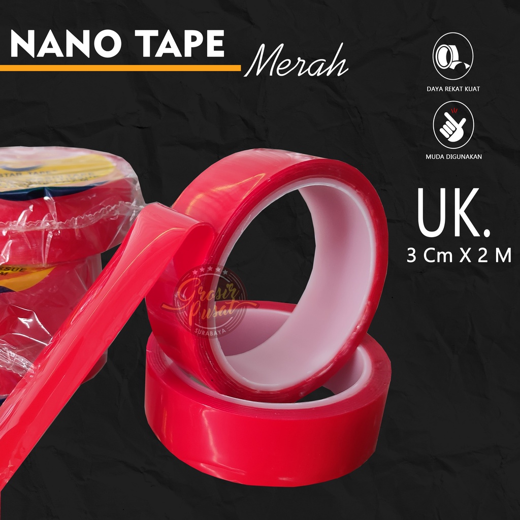

Solasi Lakban 2 sisi Warna Merah / Nano Tape 1 Mm Merah 3 Cm X 2M