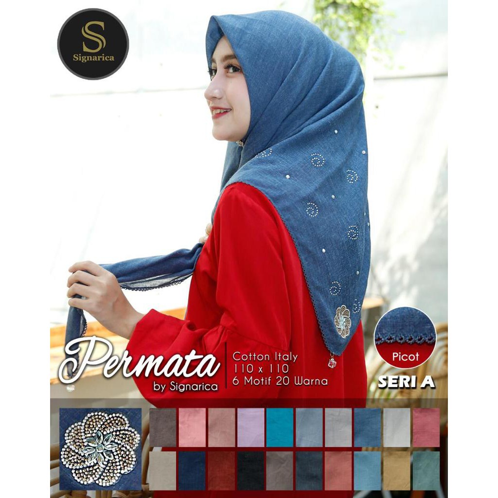 SEGIEMPAT PERMATA PICOT HIJAB BY SIGNARICA BAHAN VOAL COTTON ITALY 110 X 110 SEGI EMPAT MEWAH GROSIR