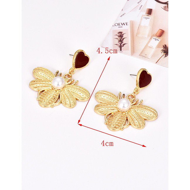 LRC Anting Tusuk Fashion Gold Alloy Bee Love Pearl Earrings F50964