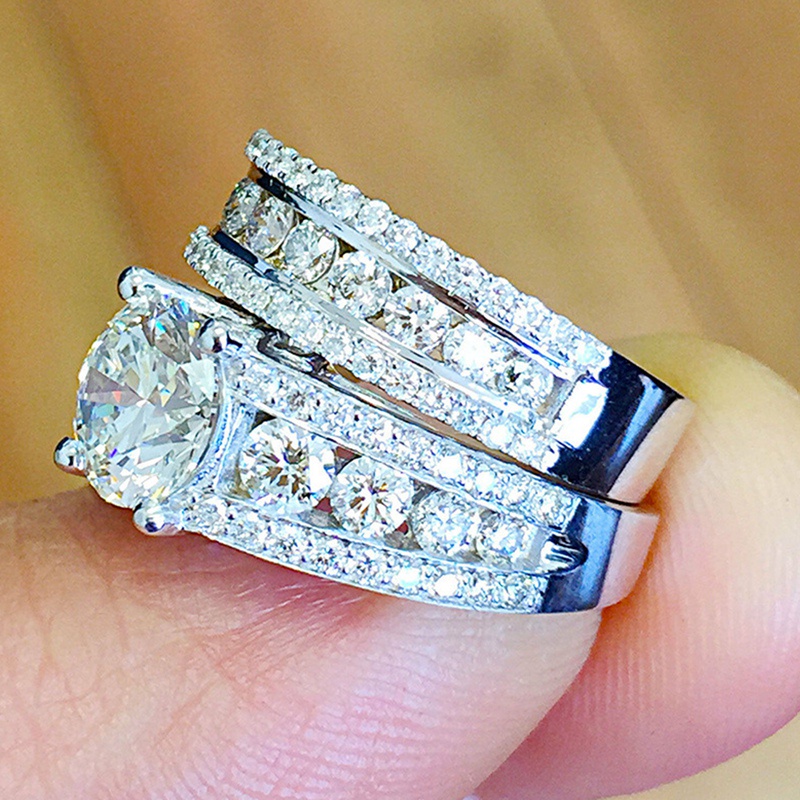 2pcs/Set Diamond Jewelry 925 Sterling Silver Natural White Sapphire Ring Bride Rings