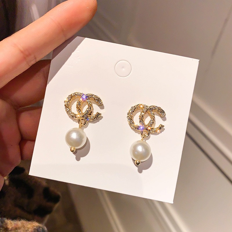 Anting Tusuk silver S925 Desain Huruf C Ganda Hias Mutiara Untuk Wanita