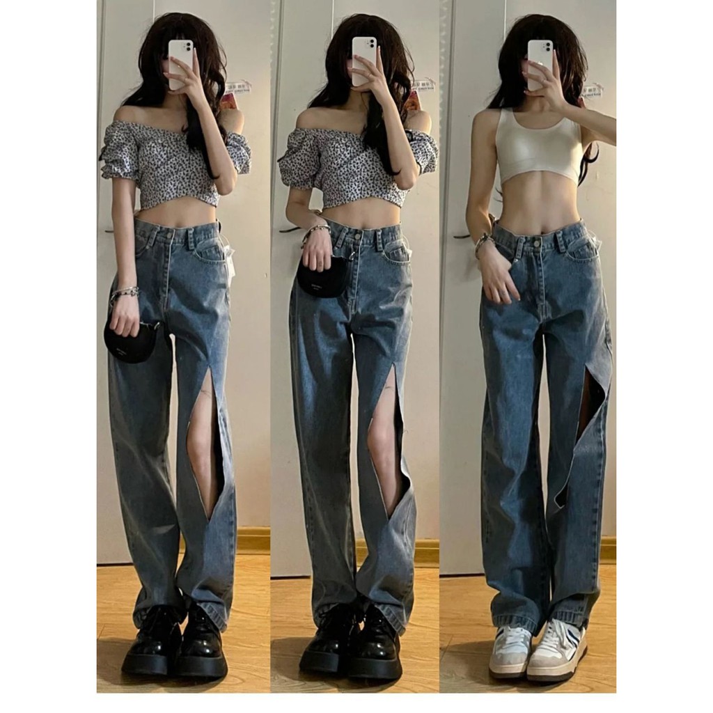 Suhao Musim Panas Retro Tinggi Pinggang Lurus Besar Ripped Jeans Wanita Hong Kong Longgar Celana Pan