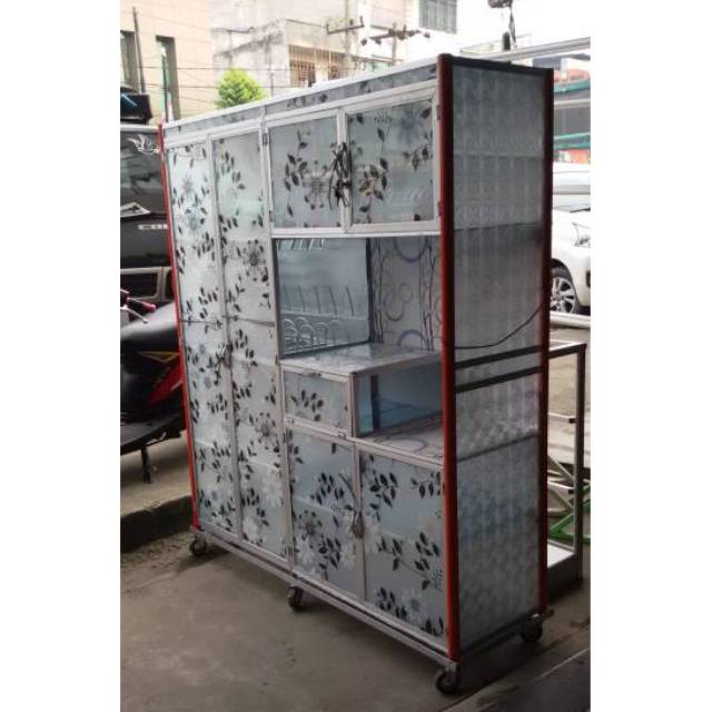 Lemari Rak Piring Kaca Aluminium 4 Pintu MC Mthr