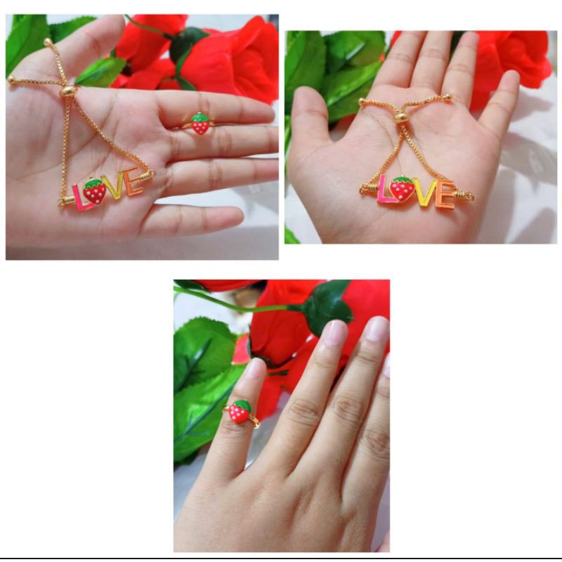 Gelang TITANIUM Anak Serut Love stroberry Free Cincin ll Anti Karat COD