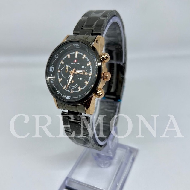 BISA COD! Jam Tangan Swiss Time Casing Kecil Kombinasi Tali Rantai Hitam Termurah Mewah Berkualitas Elegan BONUS BATERAI CADANGAN!