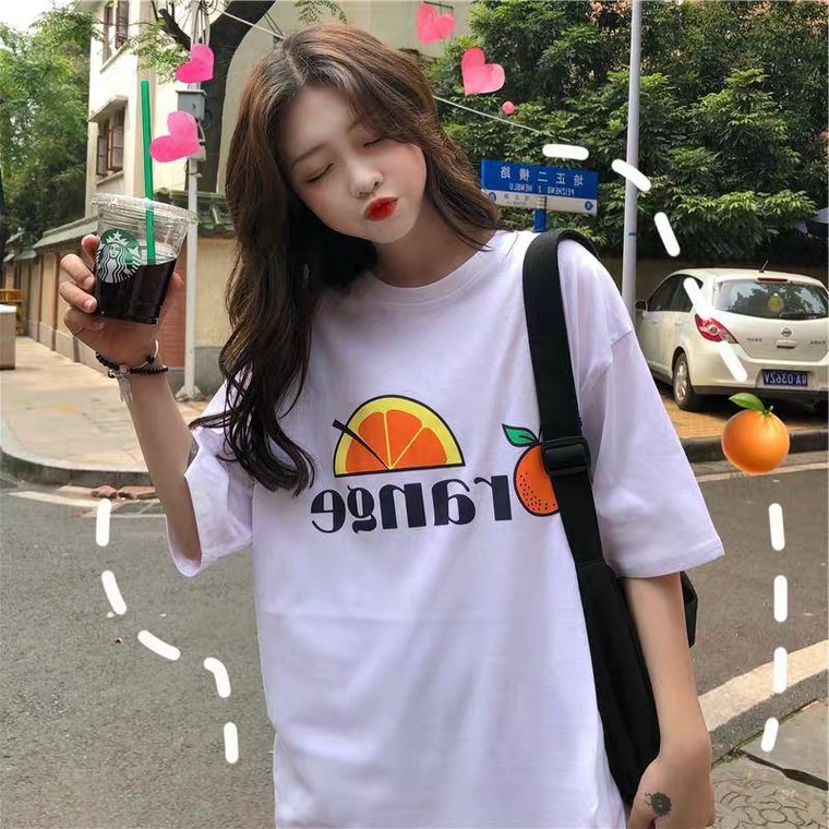 Oversize Tee Tshirt   Model Longgar Untuk Wanita Motif Orange