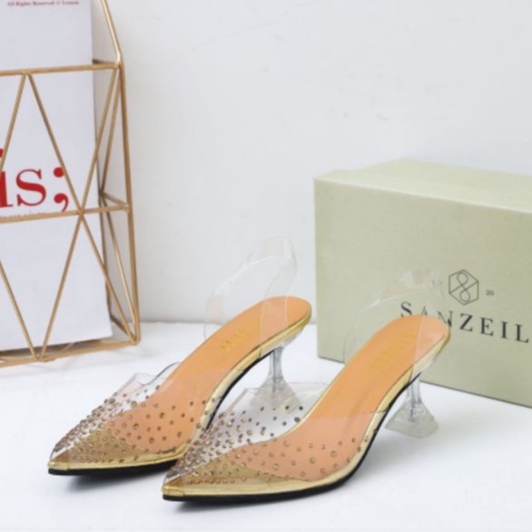 Heels Wanita GO001 Diamond Heels kaca Import 7cm