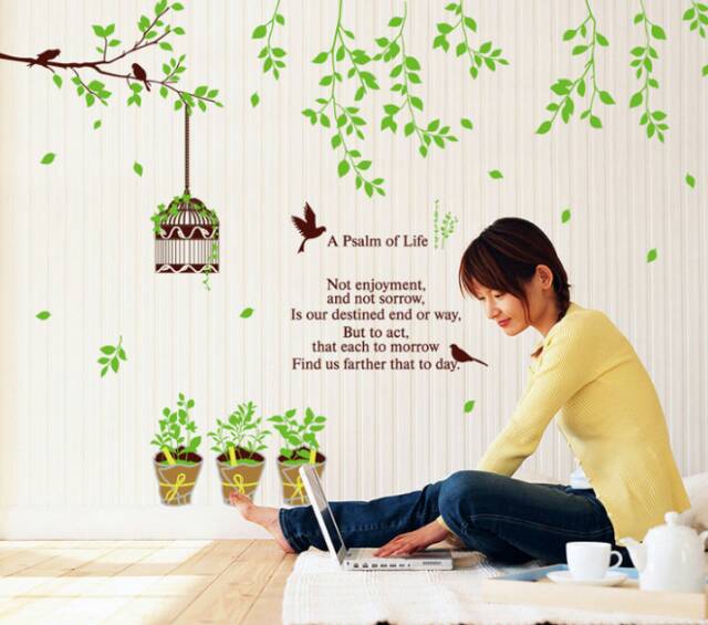 RELIZA WALLSTICKER RANTING RENDA RUMBAI HIJAU SANGKAR CAGE BIRD POT STIKER DINDING AY9035