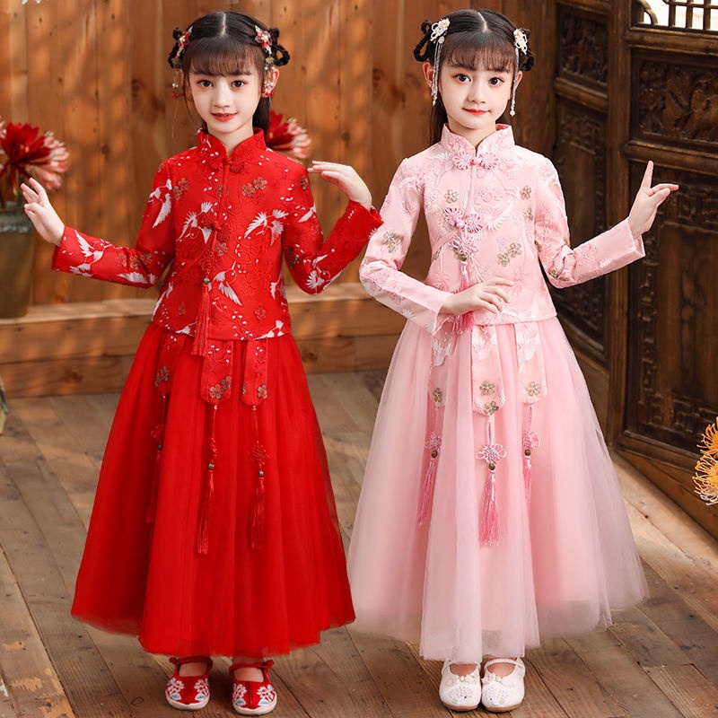 2021 new girls' cheongsam skirt autumn and winter Tang new year's clothes Plush thickened Chinese st