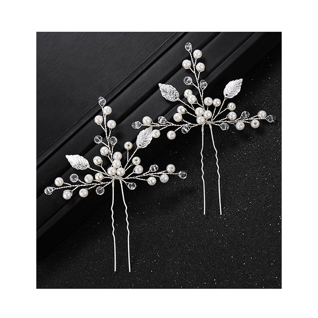 LRC Aksesoris Rambut Fashion Silver Color Pearls&amp;leaf Decorated Bride Hair Accessory E80524