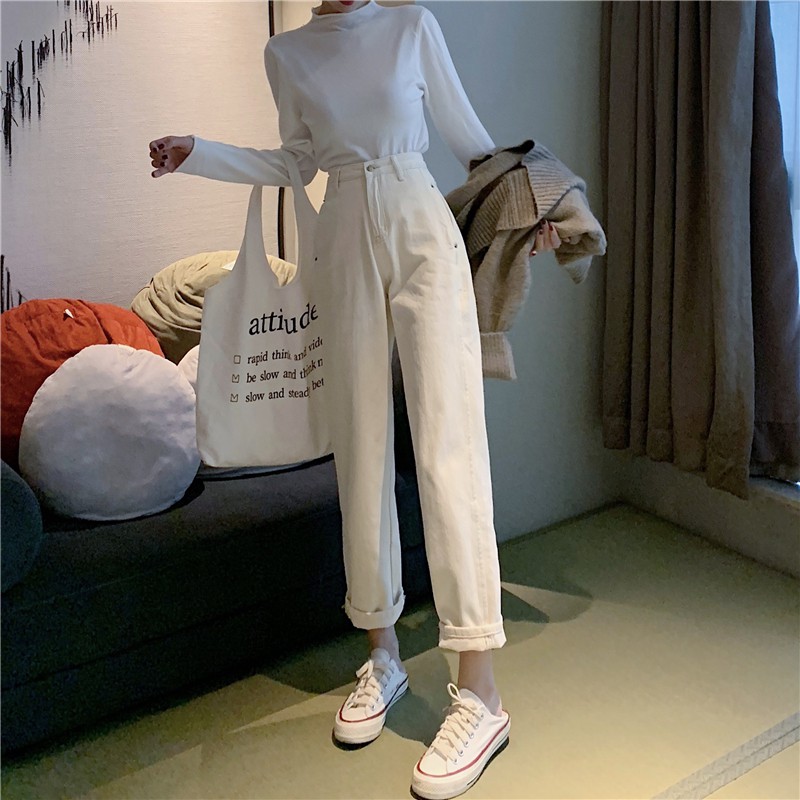 Celana Panjang Model Longgar Lurus High Waist Gaya Korea Casual Bahan Jeans Untuk Wanita