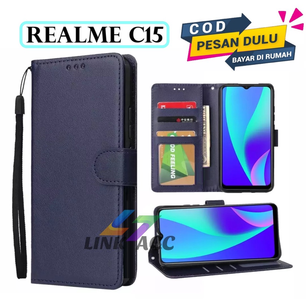 REALME C15 LEATHER CASE PREMIUM-FLIP WALLET CASE KULIT UNTUK REALME C15 - CASING DOMPET HP