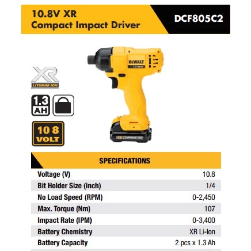 Mesin Bor Obeng 10.8V XR Compact Impact Driver Dewalt DCF805C2