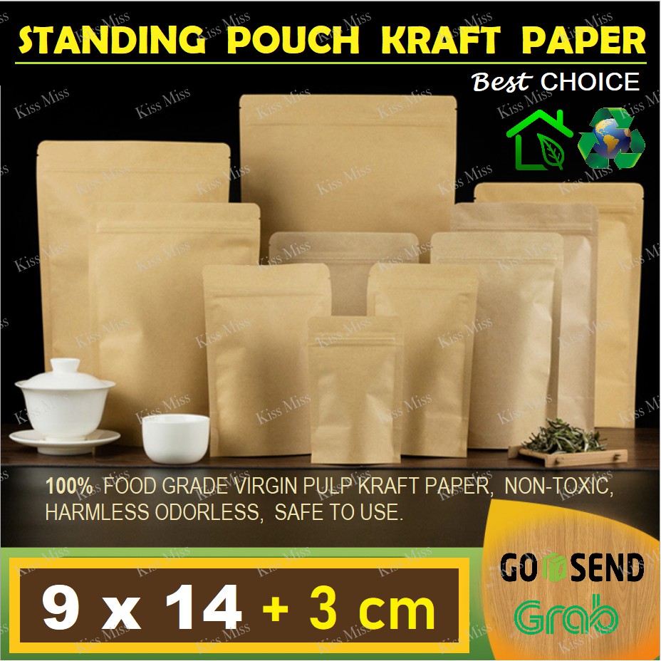 9x14 - STANDING POUCH KRAFT PAPER ALU FOIL  - KEMASAN KOPI - SNACK - BUMBU - BUBUK - ALUMINIUM FOIL