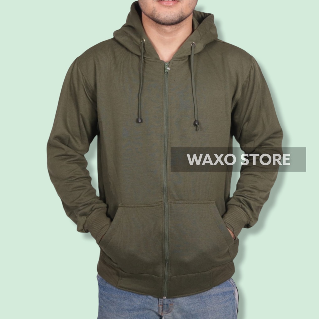 Jaket zipper hoodie polos L,XL,XXL pria wanita hijau army waxo store