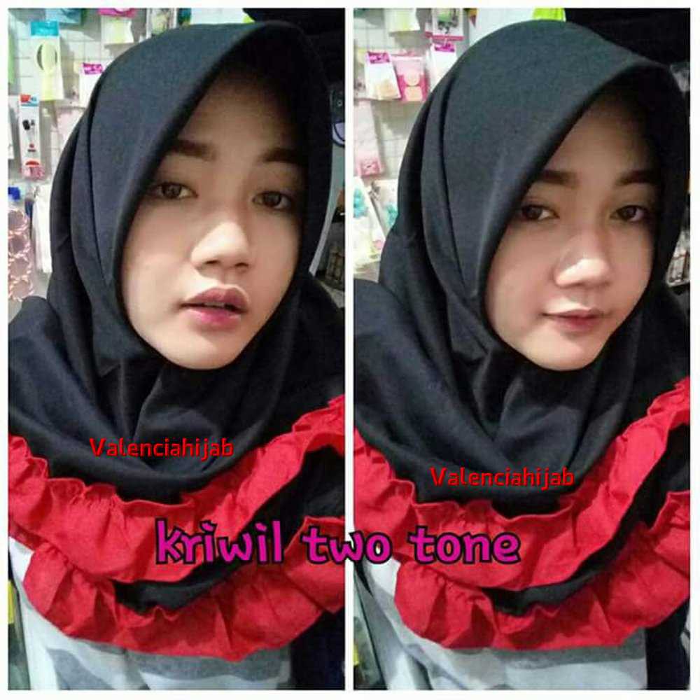 HIJAB / JILBAB / KERUDUNG SEGIEMPAT KRIWIL TWO TONE HITAM -MERAH VALENCIA