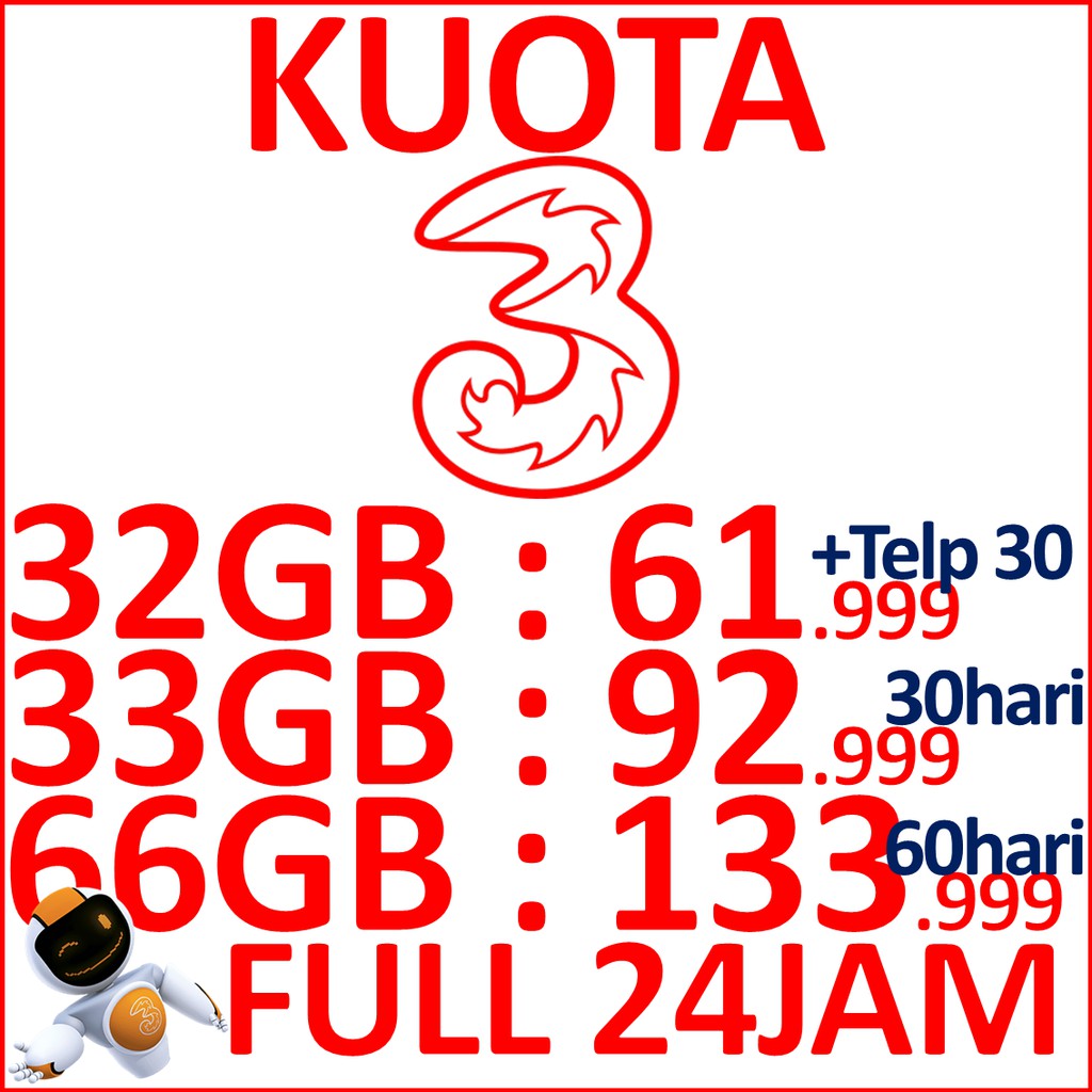 Kuota 3 Injek 32GB Voucher 33GB Voucher 66GB | Shopee ...