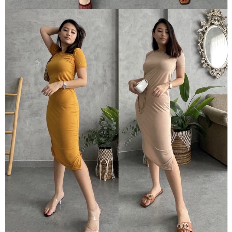 Vanesha Margaretta - Basic midi dress bodycon polos bahan kaos