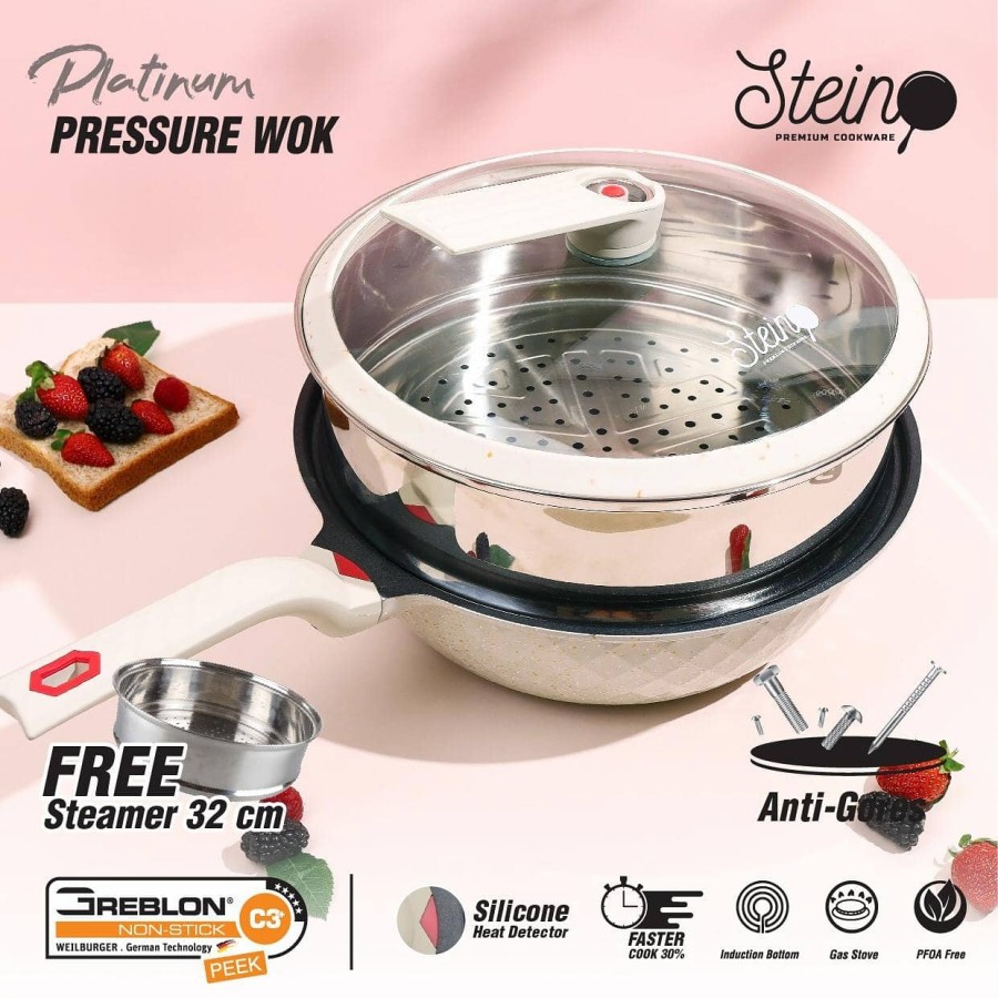 [BONUS DIAMOND SPATULA 2IN1]  Steincookware Stein Platinum Pressure Wok Cooker 32cm HIJAU/CREAM(ORIG