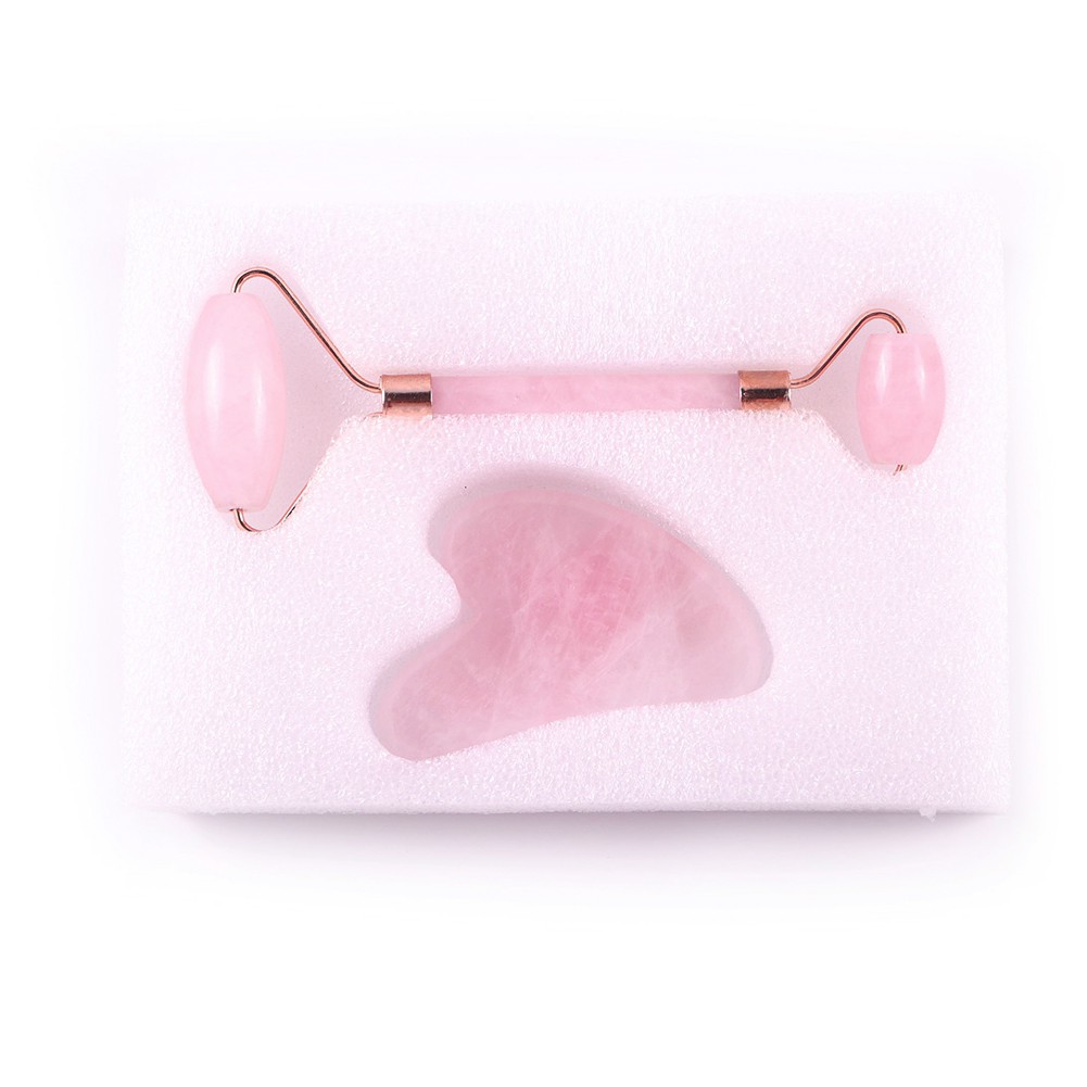 Double Head Natural Pink Crystal Jade Massage Roller V Shaped Facial Guasha Face Beauty Tool Set