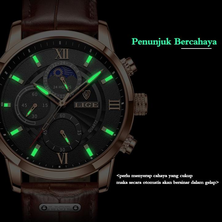 Trend murah LIGE 2022  original jam tangan pria tali kulit anti air olahraga kronograf jam tangan + kotak 405