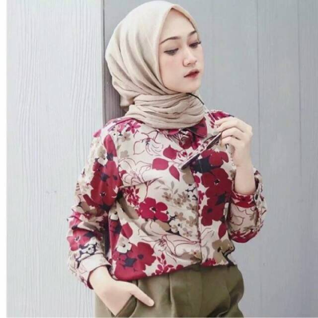 KEMEJA MONALISA MOTIF BUNGA MERAH ATASAN WANITA MURAH KEMEJA MOTIF HITS KEMEJA CASUAL