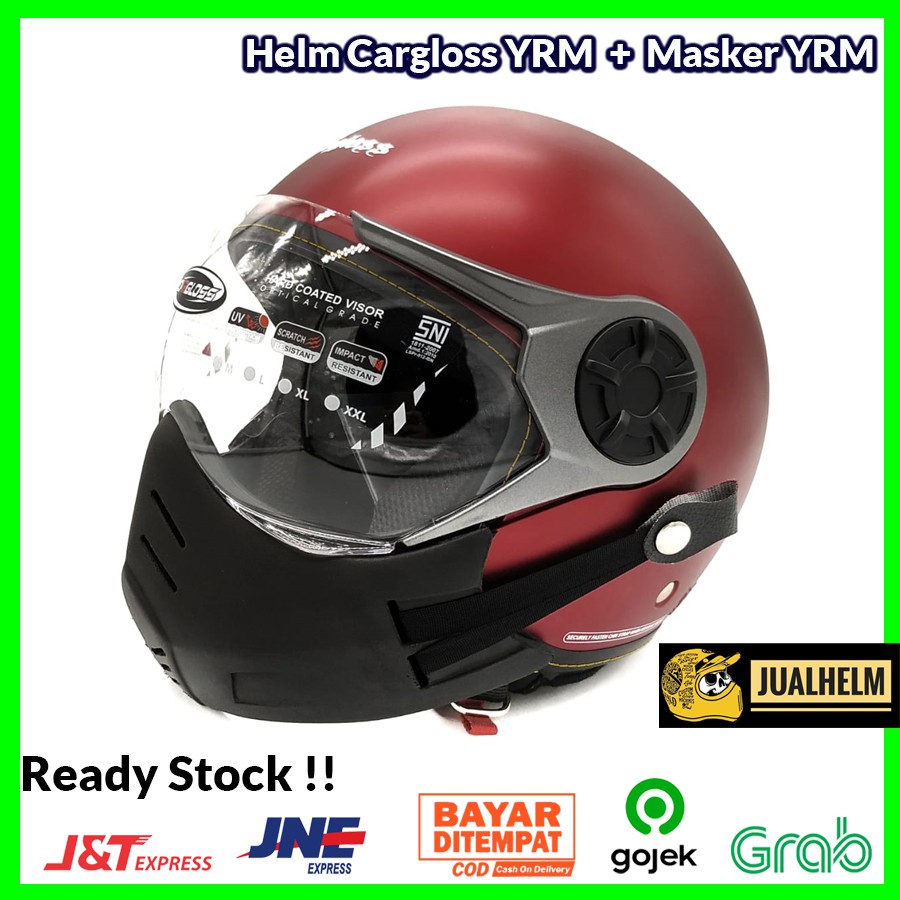 Paket Helm Cargloss YRM Red Doff + Masker PU YRM ( Mask / Bogo / Retro / Vespa / Klasik )