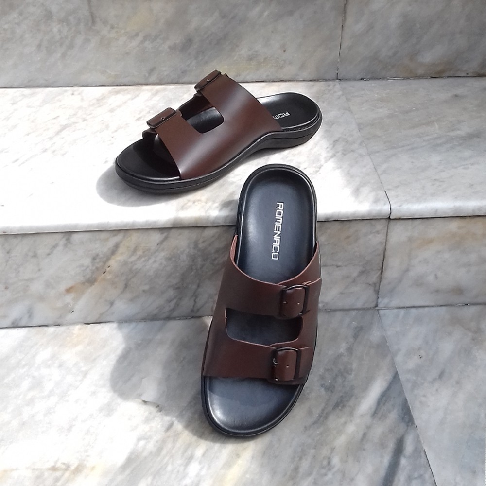 Romenaco R005 Upper Kulit Sapi Kolektif Asli Sandal Pria  Black Brown