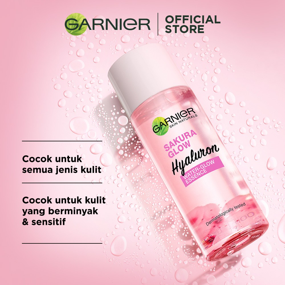 Garnier ESSENCE SAKURA Glow White Hyaluron WATER GLOW / PINKISH RADIANCE Essence Lotion - 100ml / 30ml - Skincare Kulit Glowing White - Ukuran Besar Kecil Hyaluronic Acid Garnier Pink Toner Hydrating Pinkis Esence Esens Essens Essen