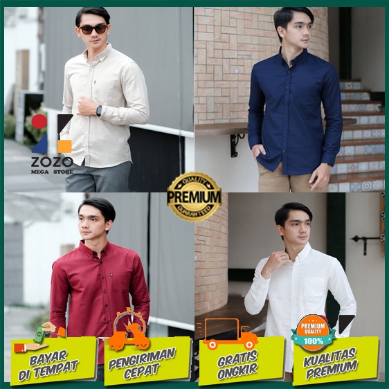 Kemeja Cowok polos lengan panjang slimfit hem pria kantor hitam navy putih maron army