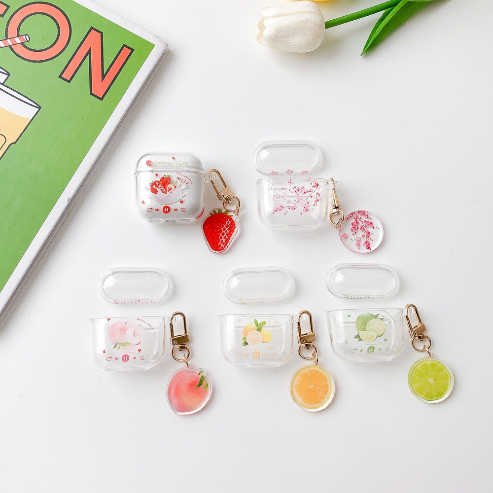 Case Earphone Wireless Bluetooth TWS Motif Kartun Buah Dengan Liontin Untuk Mini Pro 4 Pro 5