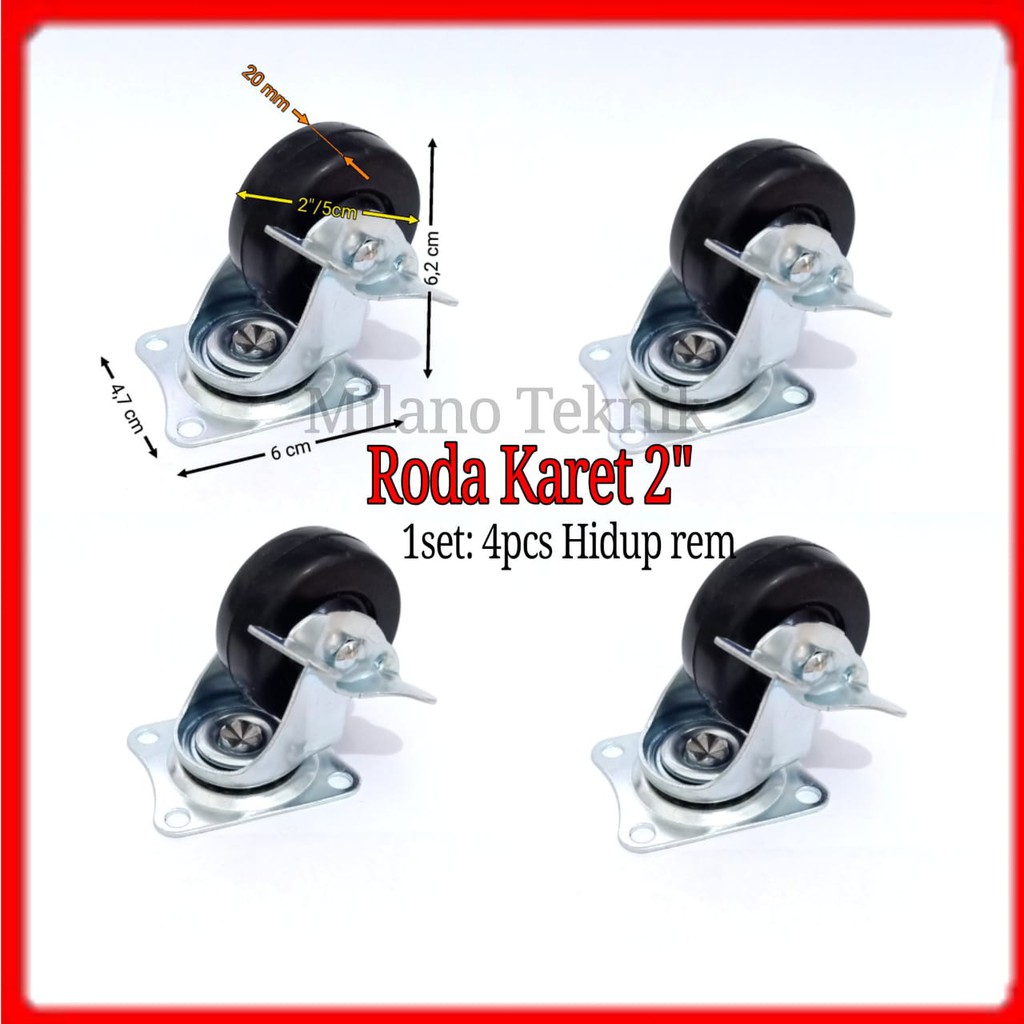 Roda Karet 2&quot; kastor 1set= 4pcs HRem Roda etalase lemari Troli 2inch