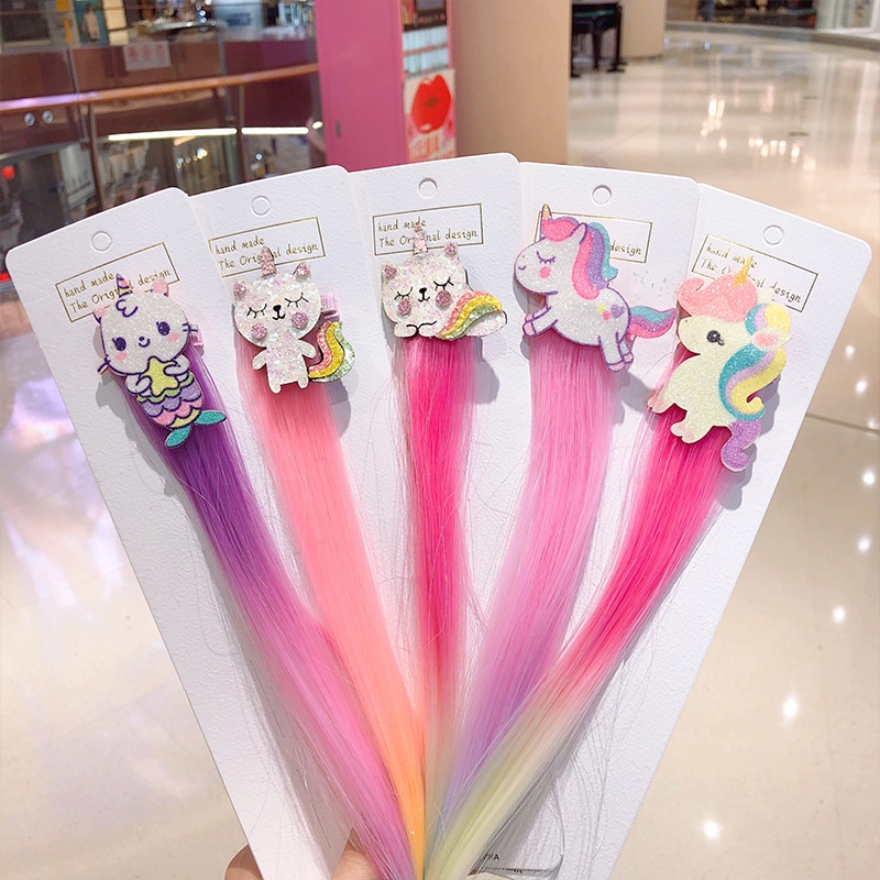 Jepit Rambut Model Wig / Rambut Palsu Kartun Unicorn / Kelinci / Kucing Untuk Aksesoris Anak Perempuan