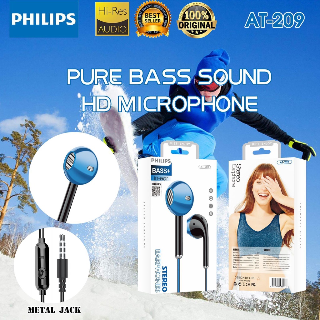 MINIGO Handsfree Headset Earphone Philips AT-209 Plus Mic Stereo Suara Bagus megabass